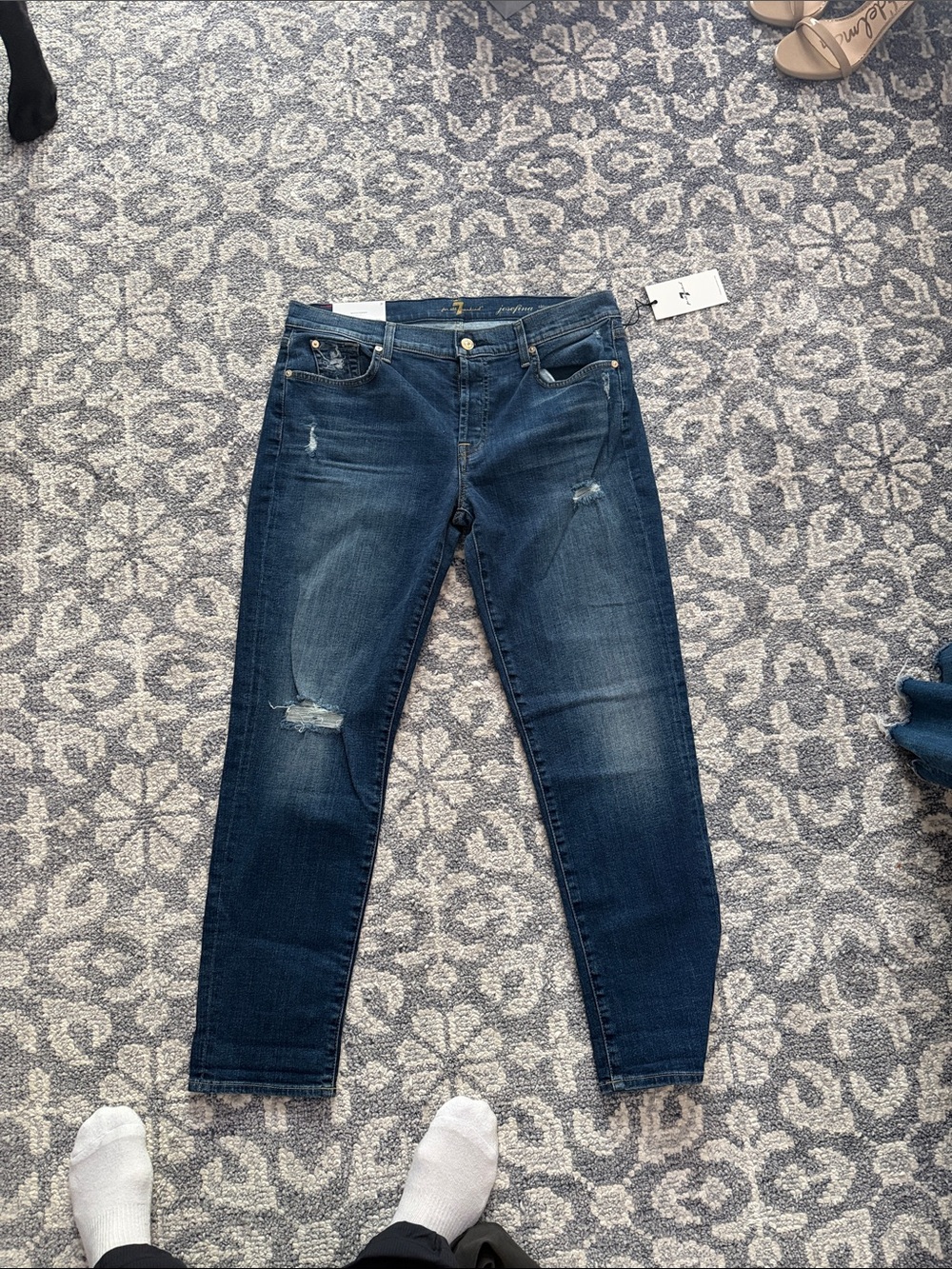 7 For All Mankind Dark Blue Boyfriend Jeans with Distressed Knees